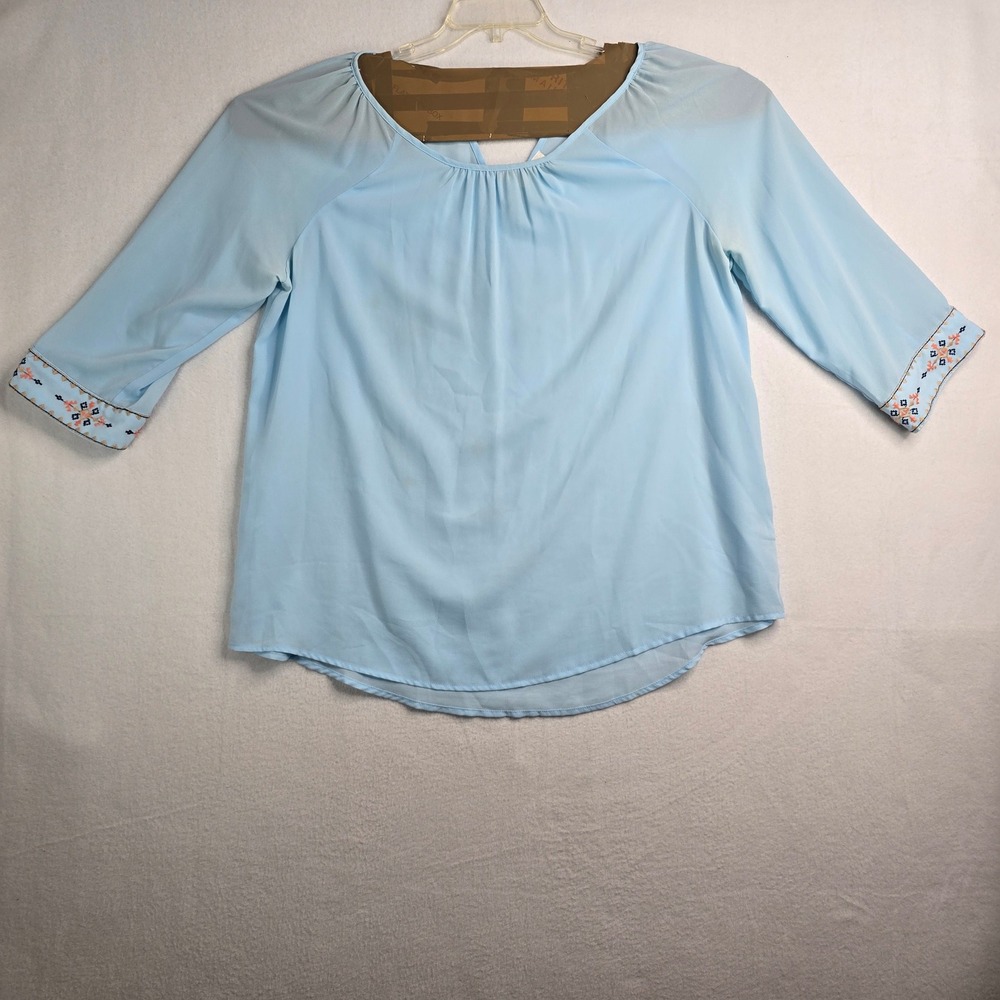 Mine Too Light Blue Embroidered Sleeve Keyhole Neck Blouse Top‎ Plus Size 3XL